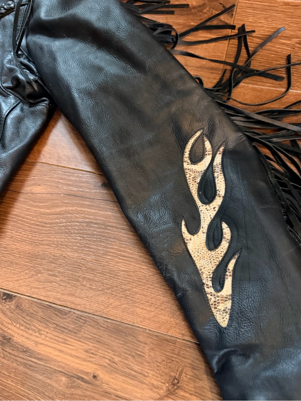 Men's Black Leather Fringe Jacket with Snake Flame Accents - Picture 13 of 13